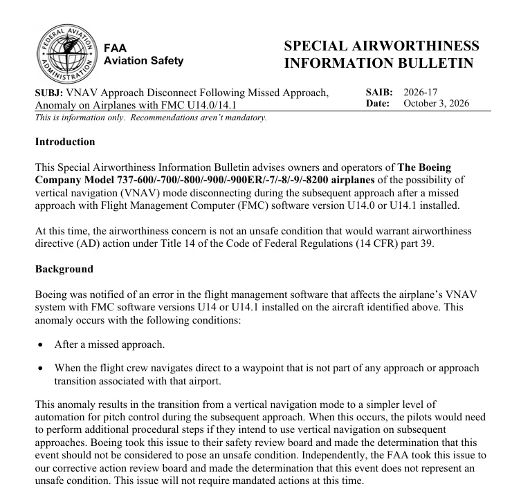 針對波音737 導航軟體在重飛之後的高度脫離狀況 FAA 判定為不影響安全：公告原件