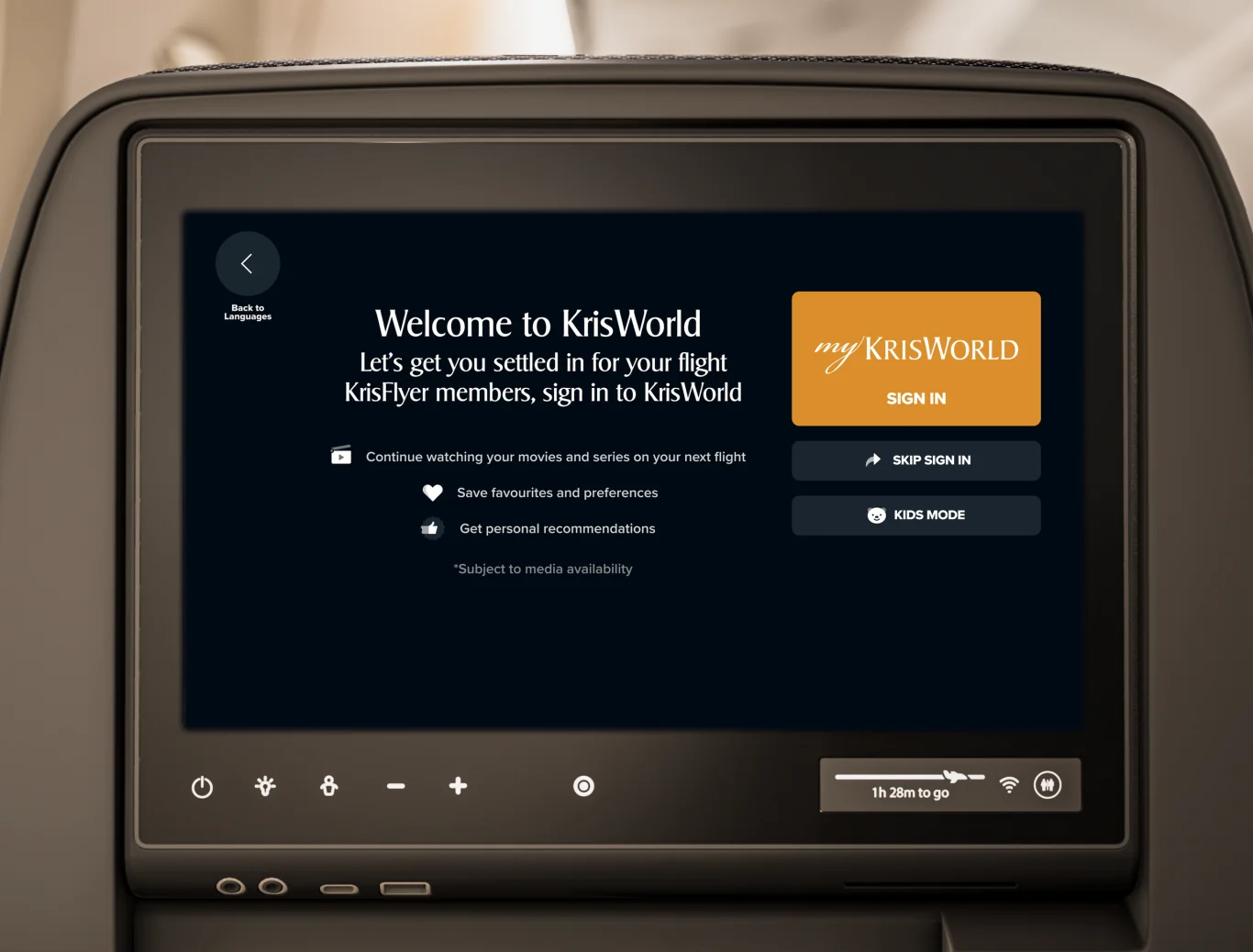 KrisFlyer 會員可登入 KrisWorld 獲取專屬推薦，並能無縫接續觀看上一次航班中未完結的節目。