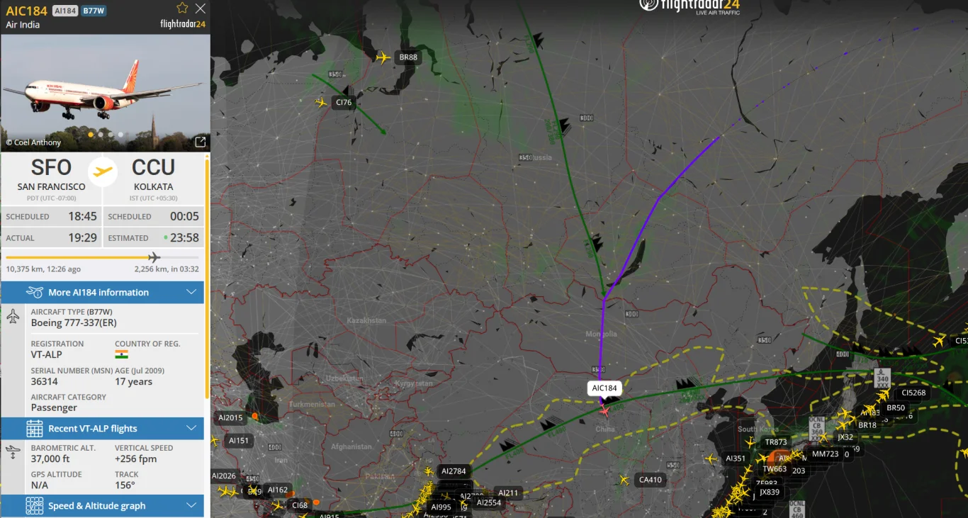 2026/10/25 烏俄戰爭之後中華航空成為國籍航空首次飛越俄羅斯的國籍航空公司：印度航空