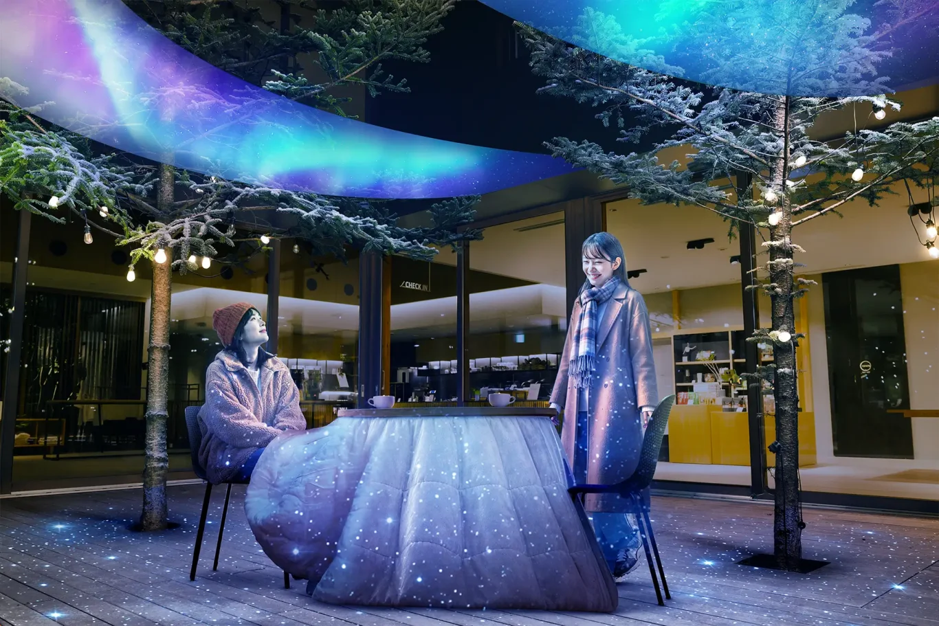 星野BEB5輕井澤首辦極光之夜躲進暖桌喝熱可可仰望光雕星空:冬季限定「BEB 極光之夜」:中庭天幕極光與地面星空光雕一覽 星野BEB5輕井澤首辦極光之夜躲進暖桌喝熱可可仰望光雕星空:冬季限定「BEB 極光之夜」:中庭天幕極光與地面星空光雕一覽
